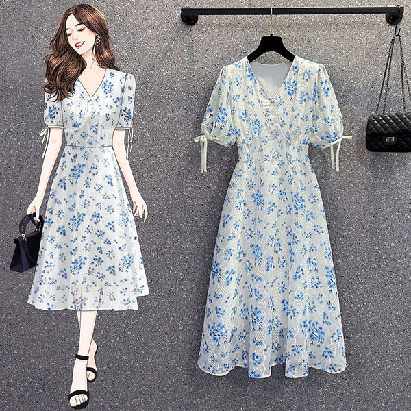 Plus Size Korean White Floral Dress