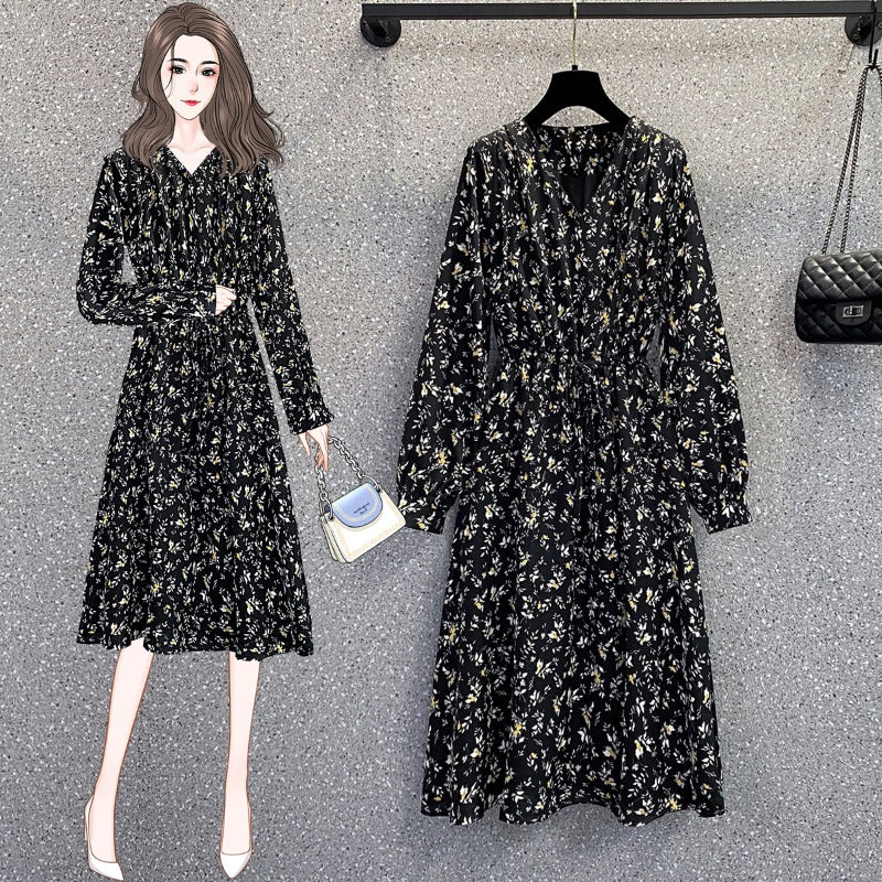 Plus Size Korean Black Floral Long Sleeve Midi Dress