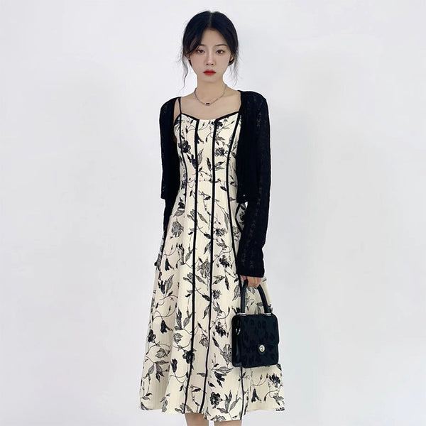 Plus Size Korean Floral Monochrome Sleeveless Midi Dress