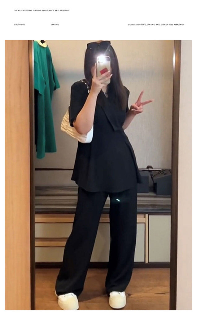 Plus Size Korean Blazer Blouse and Loose Leg Pants Set Pluspreorder