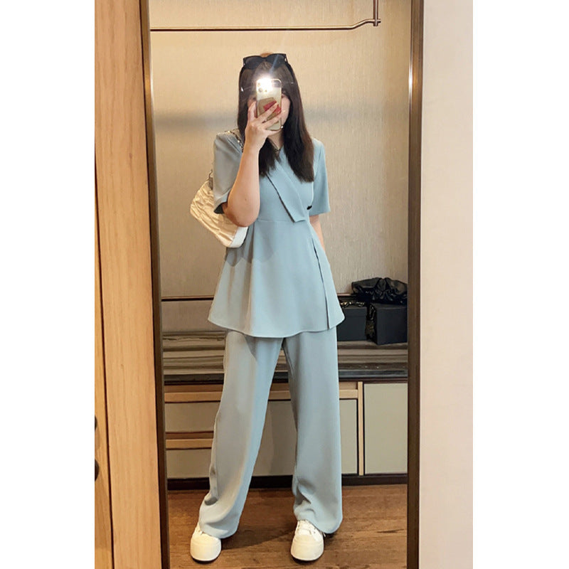 Plus Size Korean Blazer Blouse and Loose Leg Pants Set
