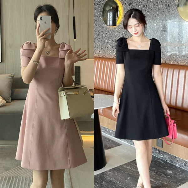 Plus Size Korean Ribbon Shoulder Square Neck Dress