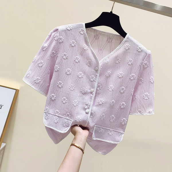 Plus Size Textured Floral Chanelesque Blouse