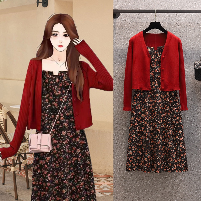 Plus Size Red Knit Cardigan and Sleeveless Floral Midi Dress Set