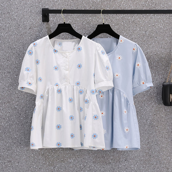 Plus Size Daisy Embroidery Babydoll Korean Blouse