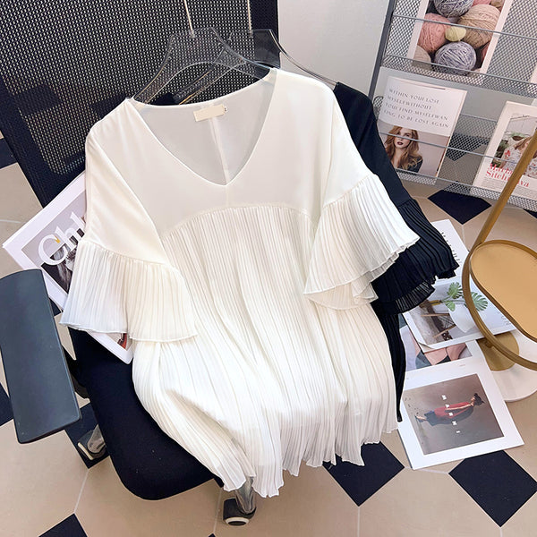 Plus Size Chiffon V Neck Pleat Blouse