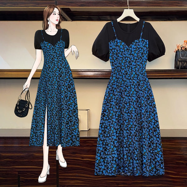 Plus Size Korean Blue Floral Mock 2 Piece Midi Dress