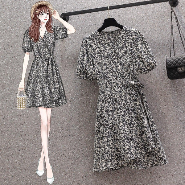 (Special Price!) Plus Size Korean Black Floral Wrap Dress