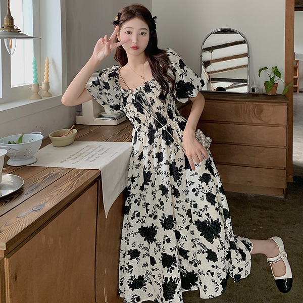 Plus Size Korean Floral Scrunch Neck Midi Dress