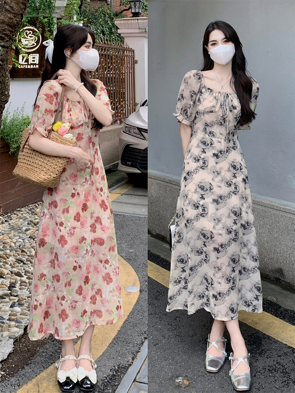 Plus Size Korean Floral Square Neck Midi Dress