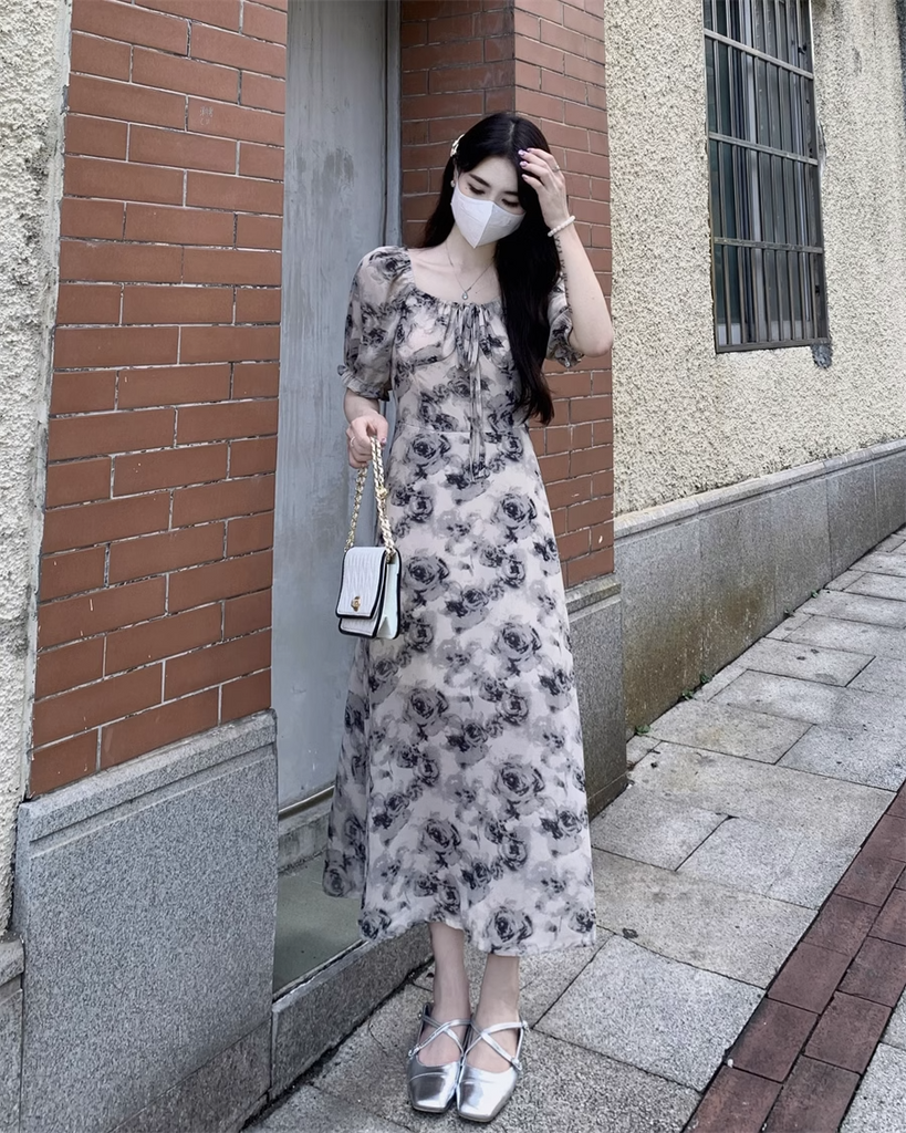 Plus Size Korean Floral Square Neck Midi Dress  Pluspreorder