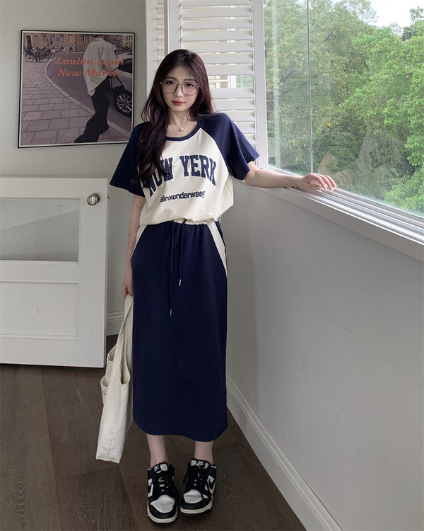 Plus Size Korean Graphic Tee and Sweater Midi Skirt Set