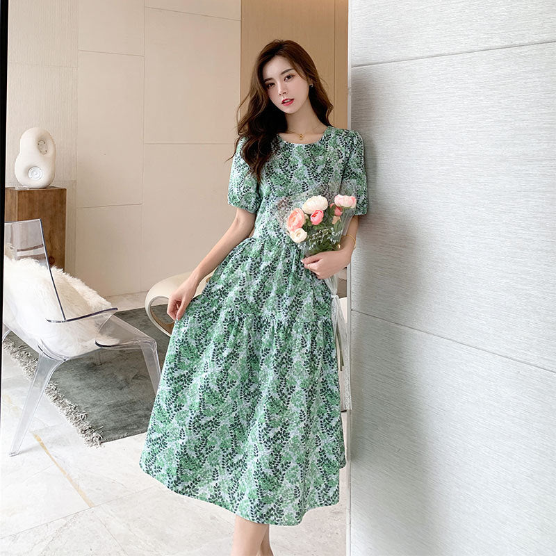 Plus Size Korean Green Floral Midi Dress