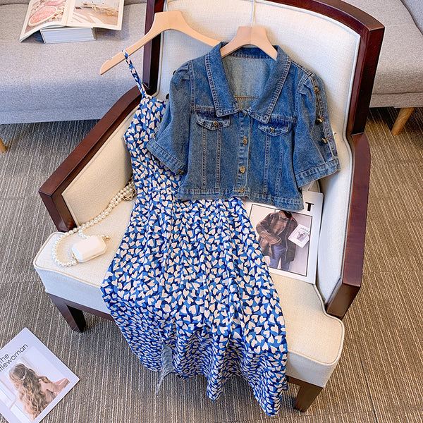 Plus Size Korean Cropped Denim Jacket and Hearts Dress Set Pluspreorder Plus Size Korean Cropped Denim Jacket and Hearts Dress Set Pluspreorder