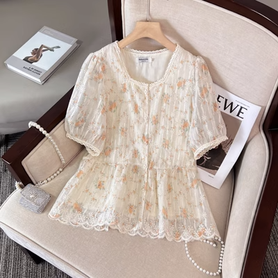 Plus Size Korean Lace Square Neck Floral Blouse