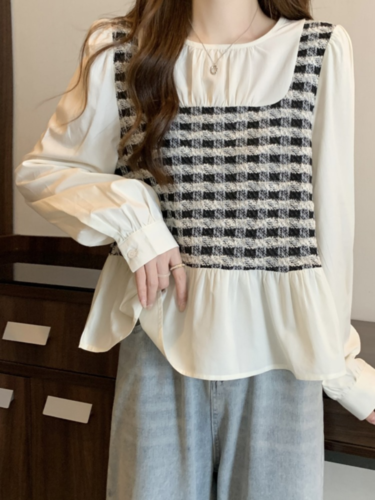 Plus Size Korean Mock 2 Piece Vest Long Sleeve Blouse