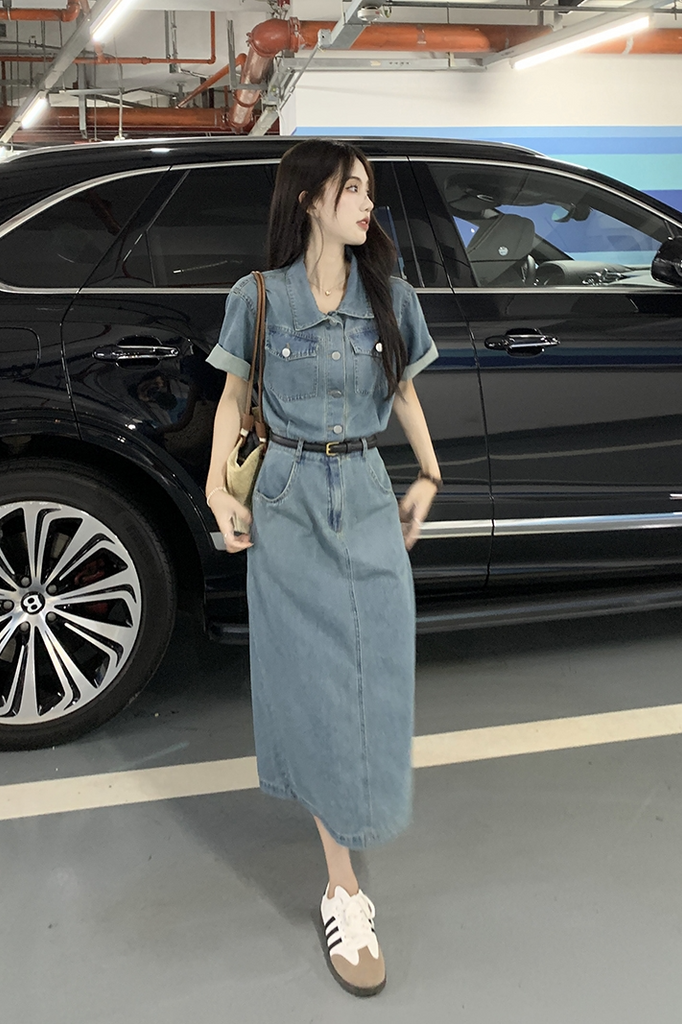 white christmas dresses Plus Size Korean Pencil Denim Shirt Dress – Pluspreorder