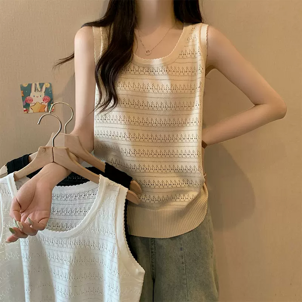 Plus Size Korean Pointelle Knit U Neck Sleeveless Top