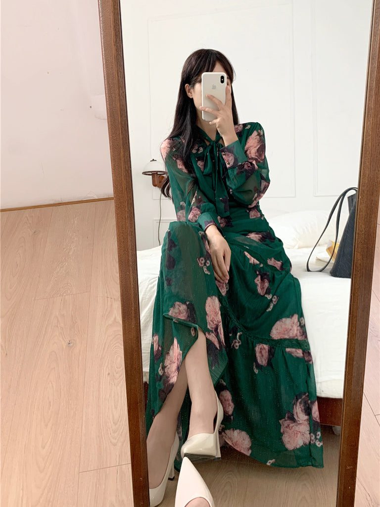 Plus Size Korean Green Pussybow Midi Dress – Pluspreorder