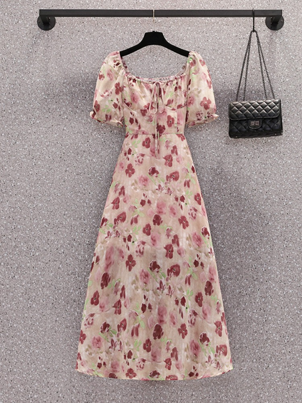Plus Size Korean Romantic Floral Square Neck Midi Dress