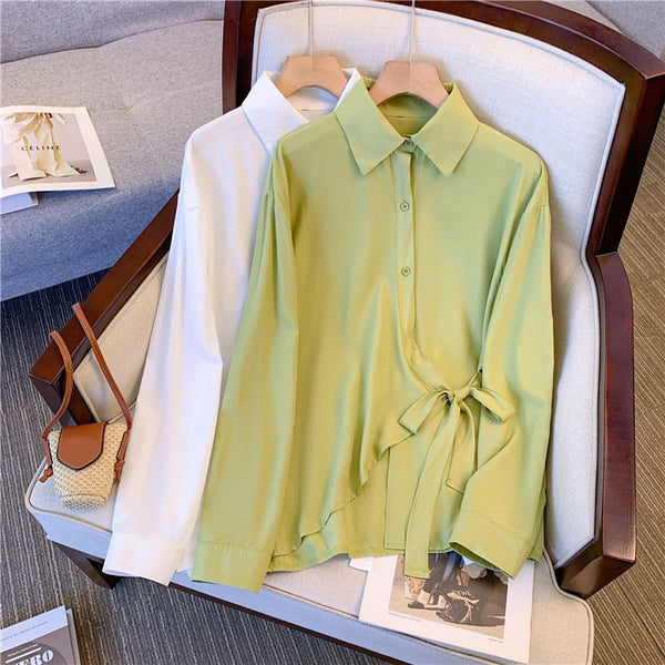 Plus Size Korean Side Tie Buttons Long Sleeve Shirt Blouse