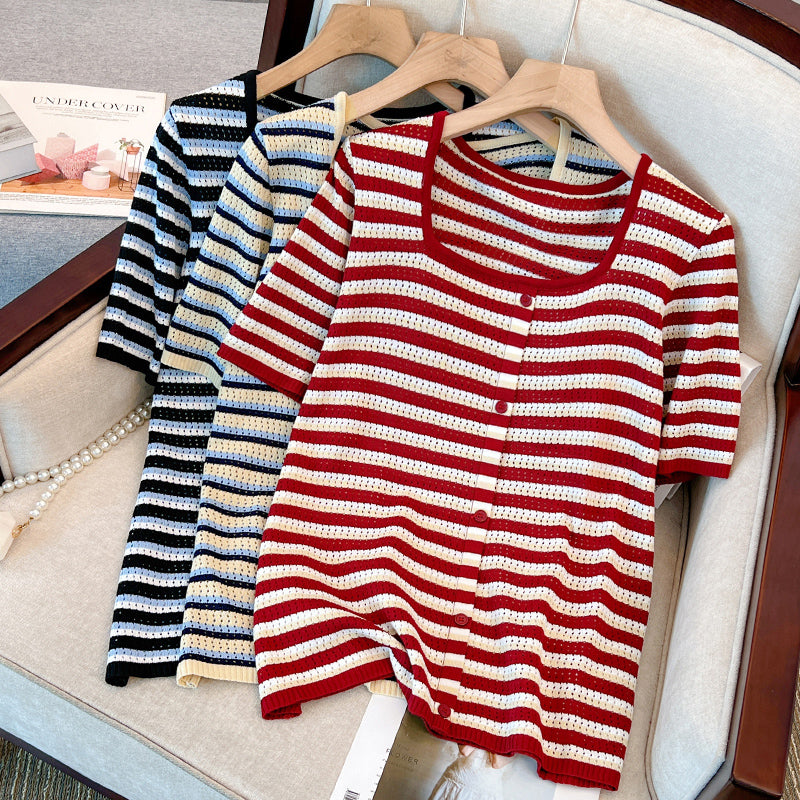 Plus Size Stripes Button Knit Square Neck Knit Top