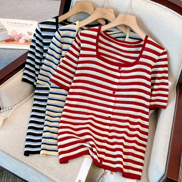 Plus Size Stripes Button Knit Square Neck Knit Top