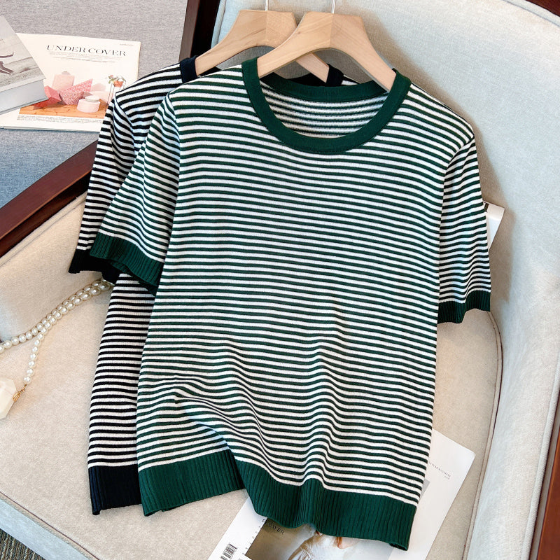 Plus Size Stripes Round Neck Knit Top