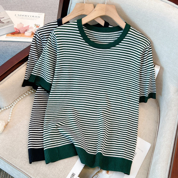 Plus Size Stripes Round Neck Knit Top