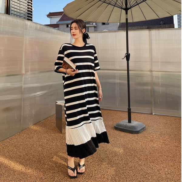 Plus Size Stripe Pleat T Shirt Midi Dress