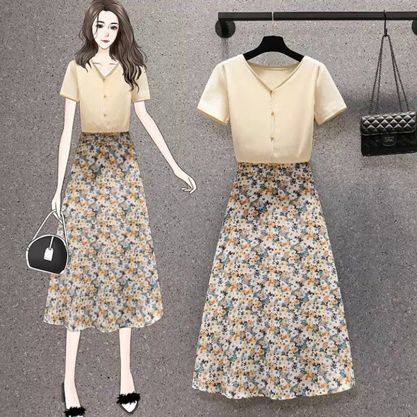 Plus Size Buttons V Neck T Shirt and Floral Midi Skirt Set