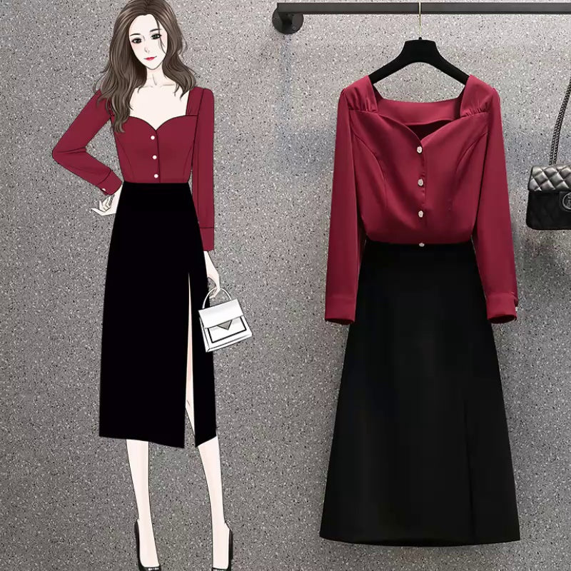 Plus Size Red Sweetheart Long Sleeve Blouse and Black Slit Skirt Set Pluspreorder