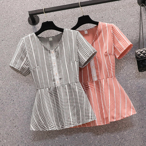 Plus Size Gingham Peplum Blouse
