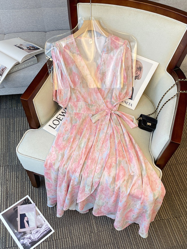 Plus Size Korean Watercolour Pastel Wrap V Neck Midi Dress