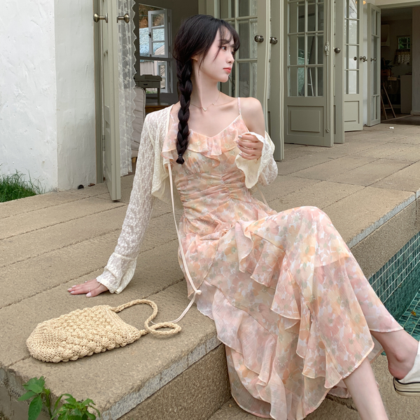 Plus Size Lace Crop Cardigan and Watercolour Floral Midi Dress