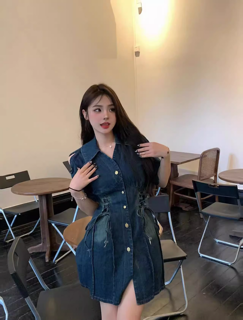 Plus Size Lace Up A Line Denim Dress  Pluspreorder