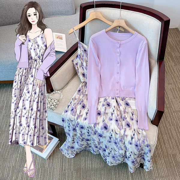 Plus Size Lavender Purple Cardigan and Floral Camisole Dress Set