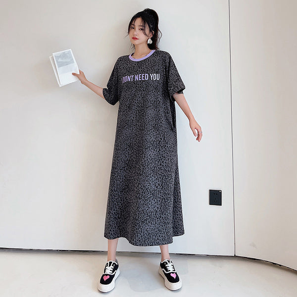 Plus Size Korean Leopard Print Midi T Shirt Dress