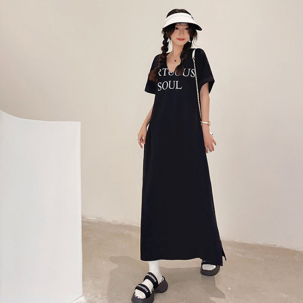 Plus Size Korean V Neck Words Midi T Shirt Dress