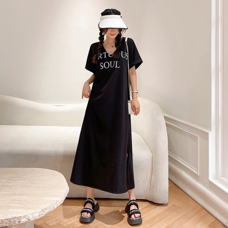 Plus Size Korean V Neck Words Midi T Shirt Dress – Pluspreorder Plus Size Korean V Neck Words Midi T Shirt Dress – Pluspreorder