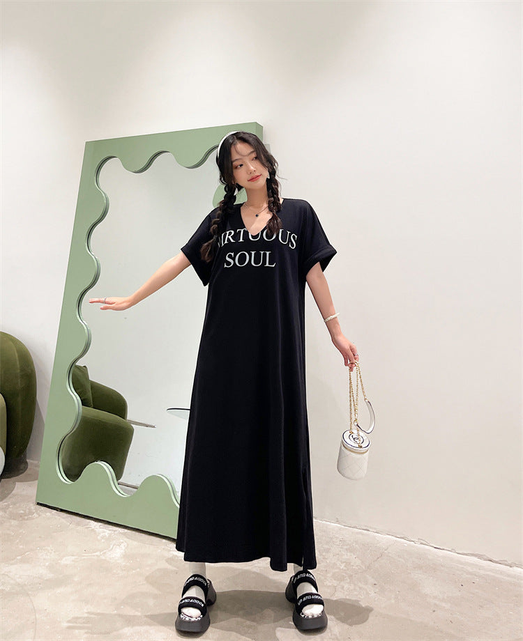 plus size midi t shirt dress Plus Size Korean V Neck Words Midi T Shirt Dress – Pluspreorder