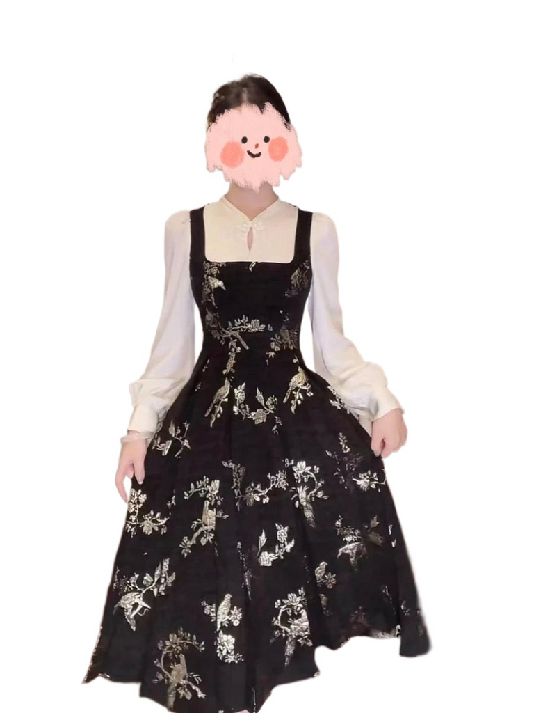 Plus Size Mock 2 Piece Chinese Long Sleeve Pinafore Dress – Pluspreorder