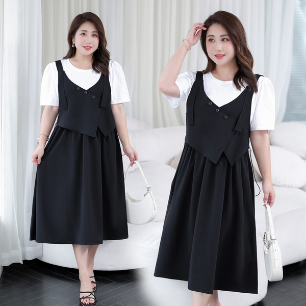 Plus Size Mock 2 Piece Korean Midi Dress (Extra Big Size)