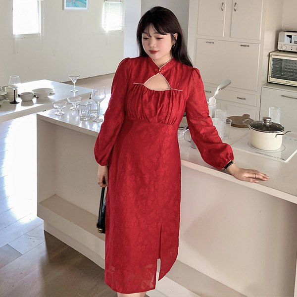 Plus Size Modern Lace Long Sleeve Cheongsam Dress