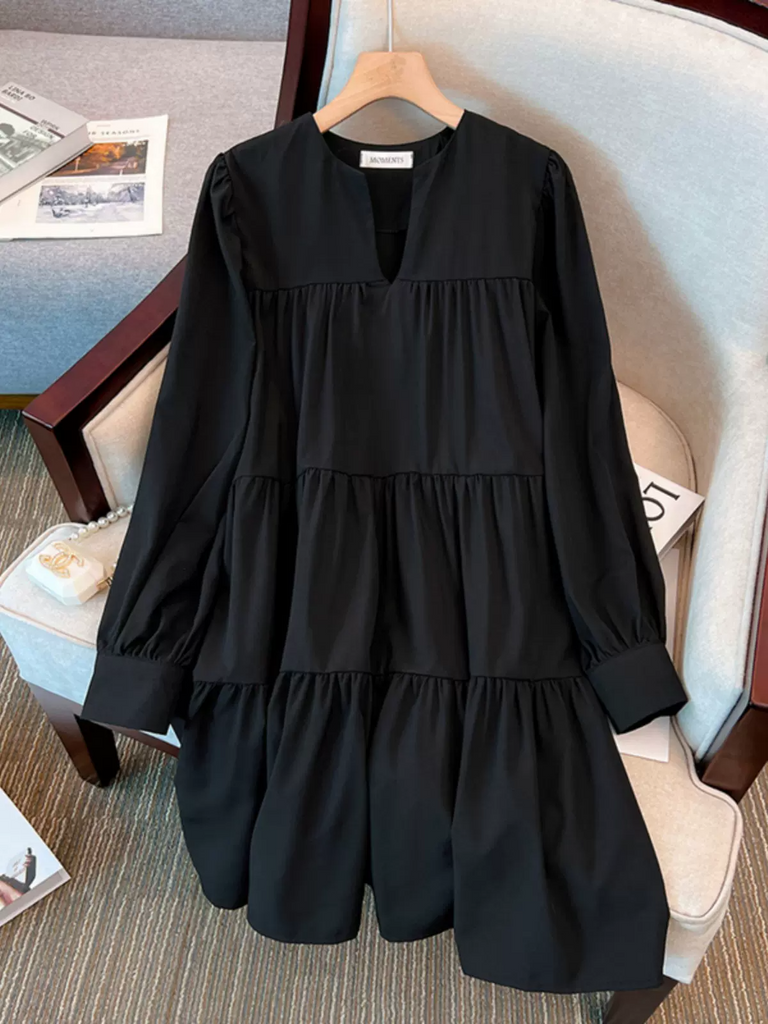 Plus Size Notch Neck Babydoll Long Sleeve Dress  Pluspreorder