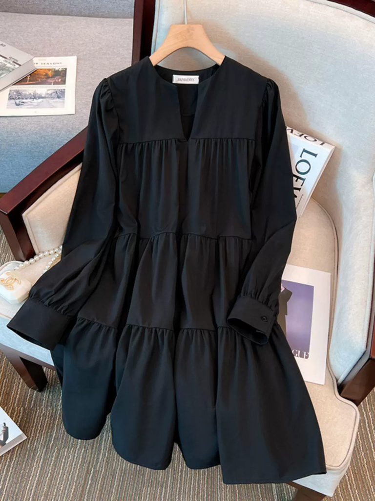 Plus Size Notch Neck Babydoll Long Sleeve Dress – Pluspreorder