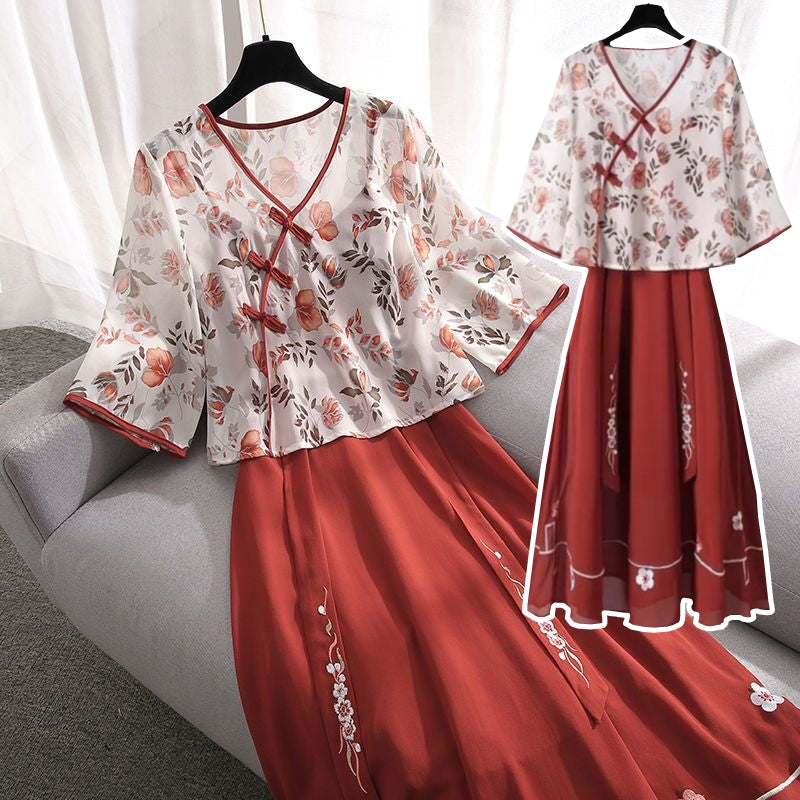Plus Size Floral Cheongsam Blouse and Oriental Dress Set
