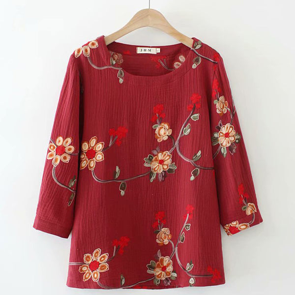 (Ready Stock Red XL - 1 Pc) Plus Size Oriental Embroidery Mid Sleeve Blouse