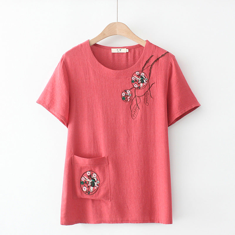 (Ready Stock Pink 5XL - 1 Pc) Plus Size Oriental Embroidery Pocket Blouse