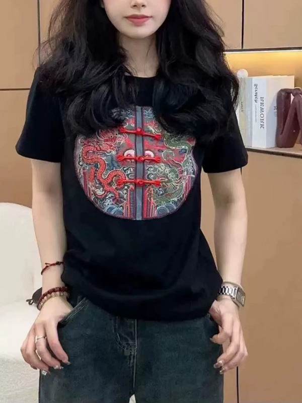 Plus Size Oriental Embroidery Tee